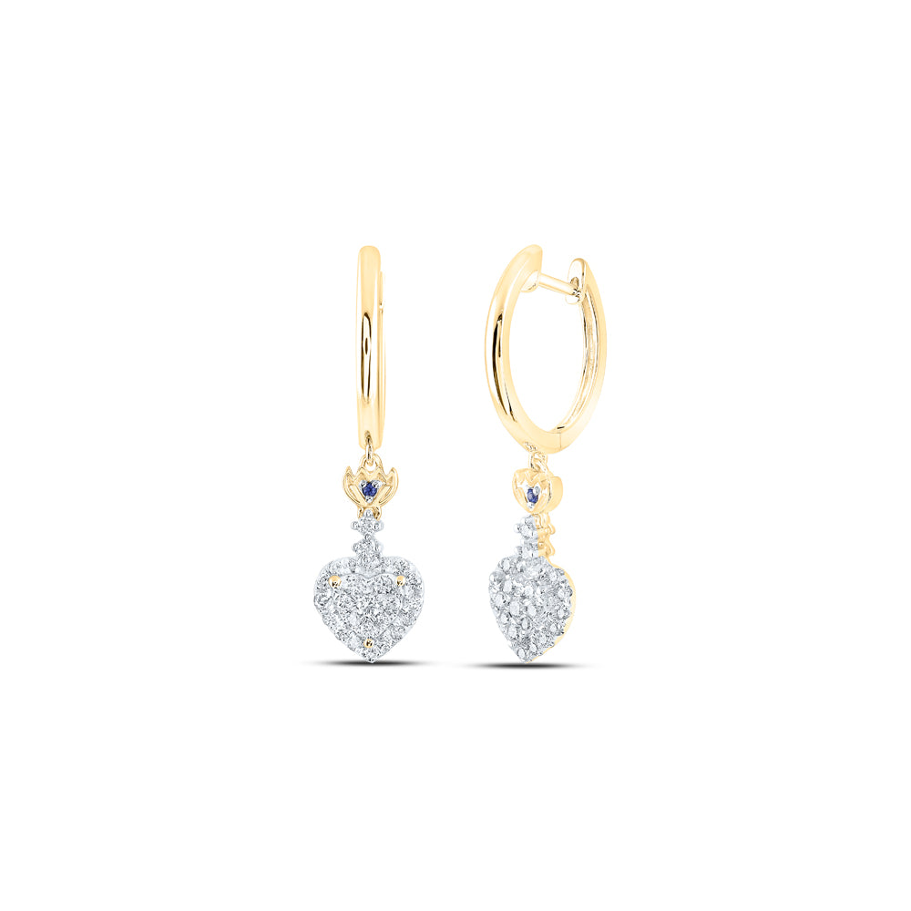 14kt Yellow Gold Womens Round Diamond Heart Hoop Dangle Earrings 1/2 Cttw