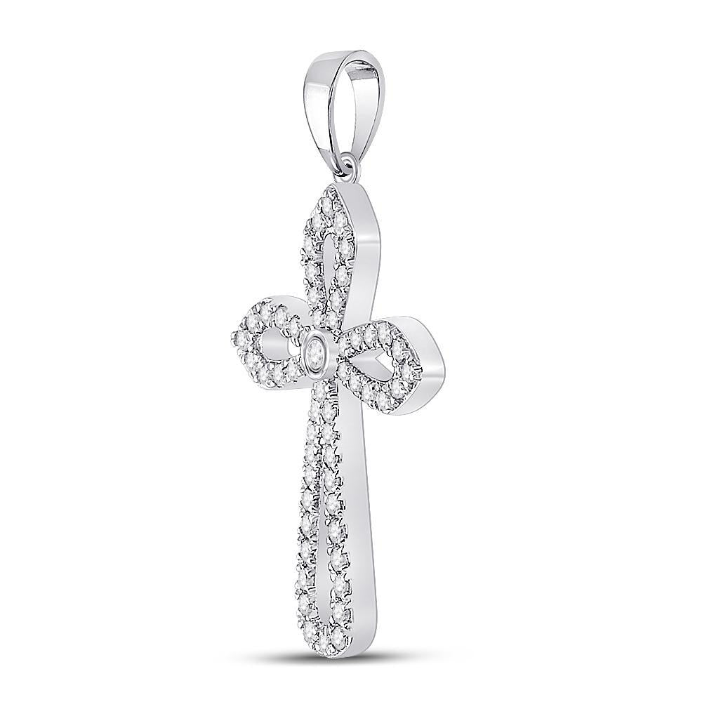 10kt White Gold Womens Round Diamond Gothic Cross Pendant 1/3 Cttw