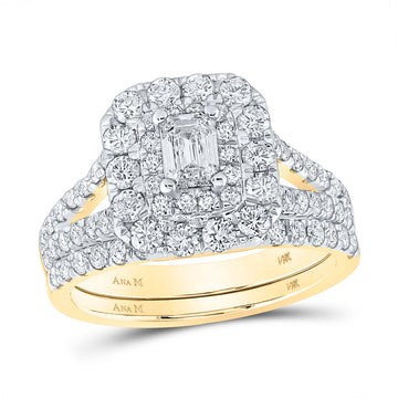 14kt Yellow Gold Emerald Diamond Halo Bridal Wedding Ring Band Set 2 Cttw