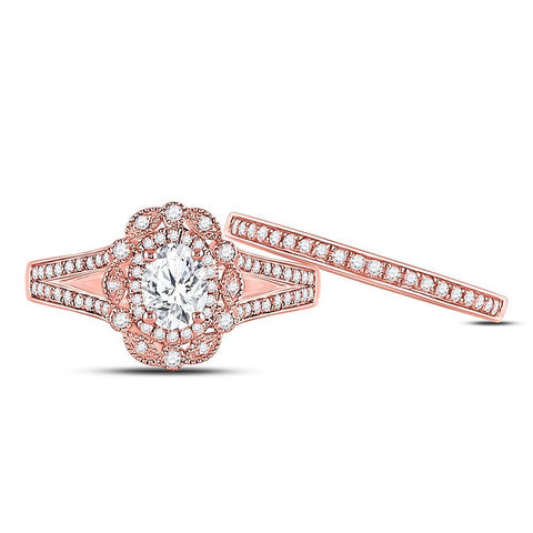 14kt Rose Gold Oval Diamond Bridal Wedding Ring Band Set 1 Cttw