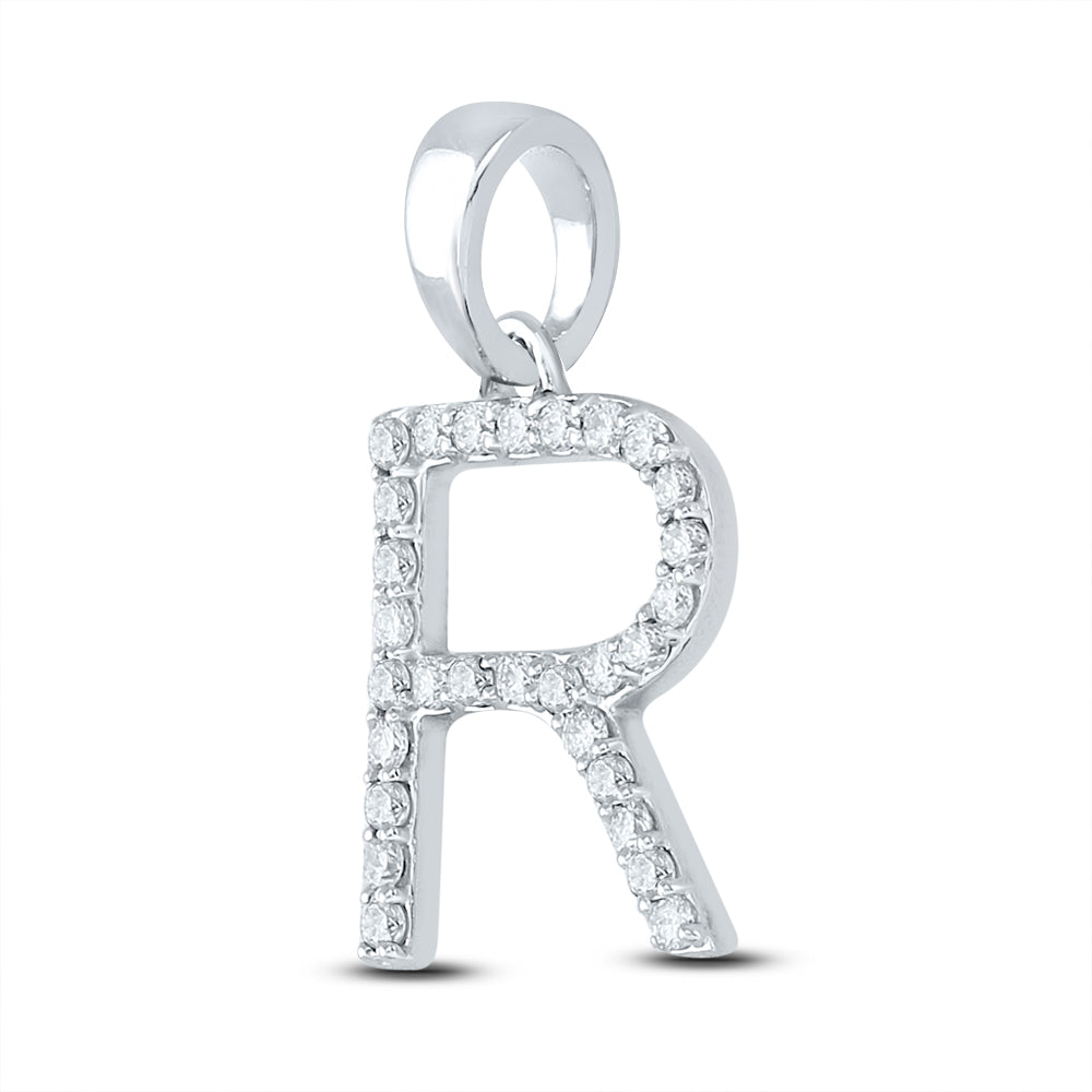 14kt White Gold Womens Round Diamond R Initial Letter Pendant 1/5 Cttw