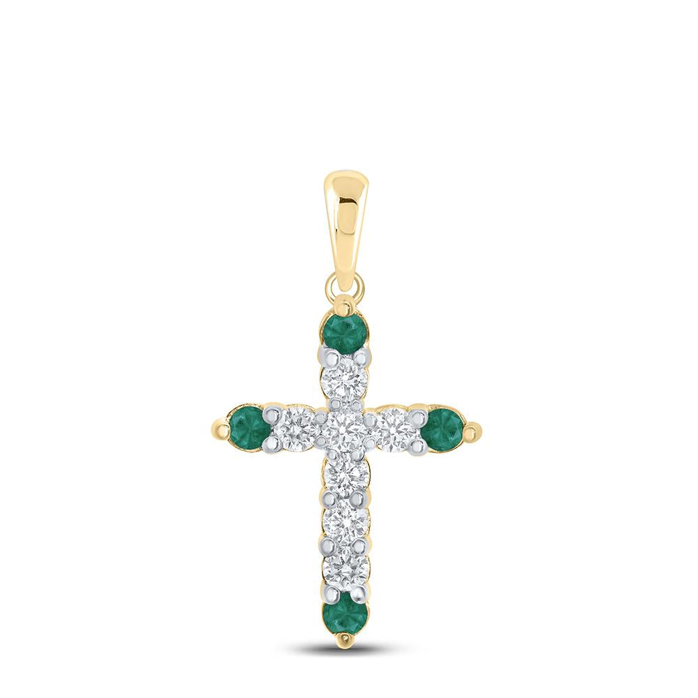 10kt Yellow Gold Womens Round Emerald Diamond Cross Pendant 1 Cttw