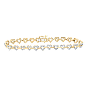 10kt Yellow Gold Womens Round Diamond Heart Fashion Bracelet 1-3/8 Cttw
