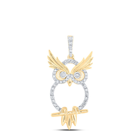 10kt Yellow Gold Womens Round Diamond Owl Animal Pendant 1/3 Cttw