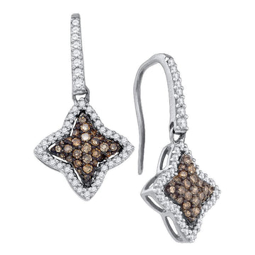 10kt White Gold Womens Round Brown Diamond Star Dangle Earrings 5/8 Cttw