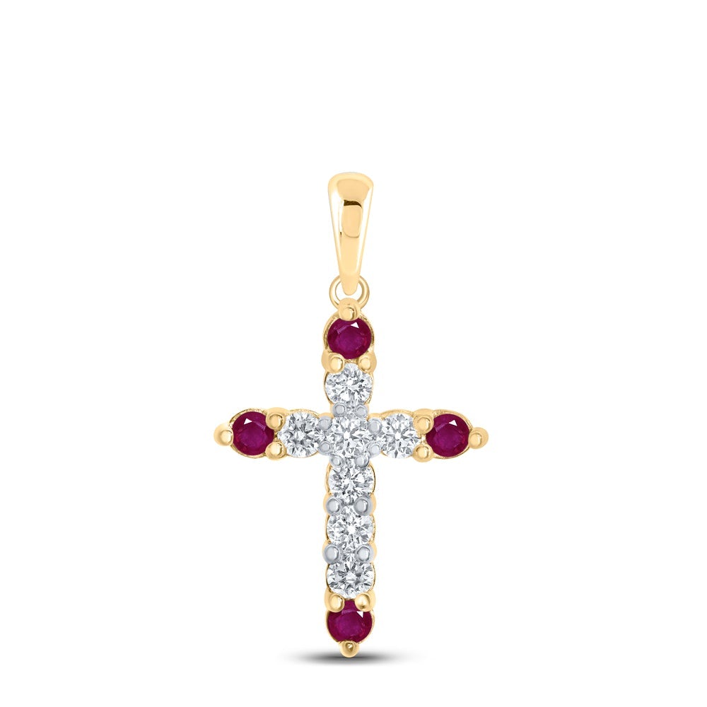 10kt Yellow Gold Womens Round Ruby Diamond Cross Pendant 1/2 Cttw