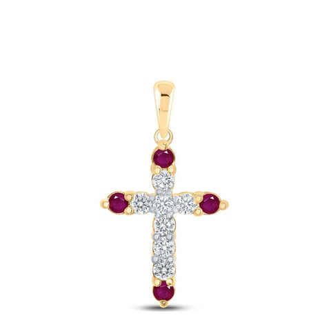 10kt Yellow Gold Womens Round Ruby Diamond Cross Pendant 1/2 Cttw