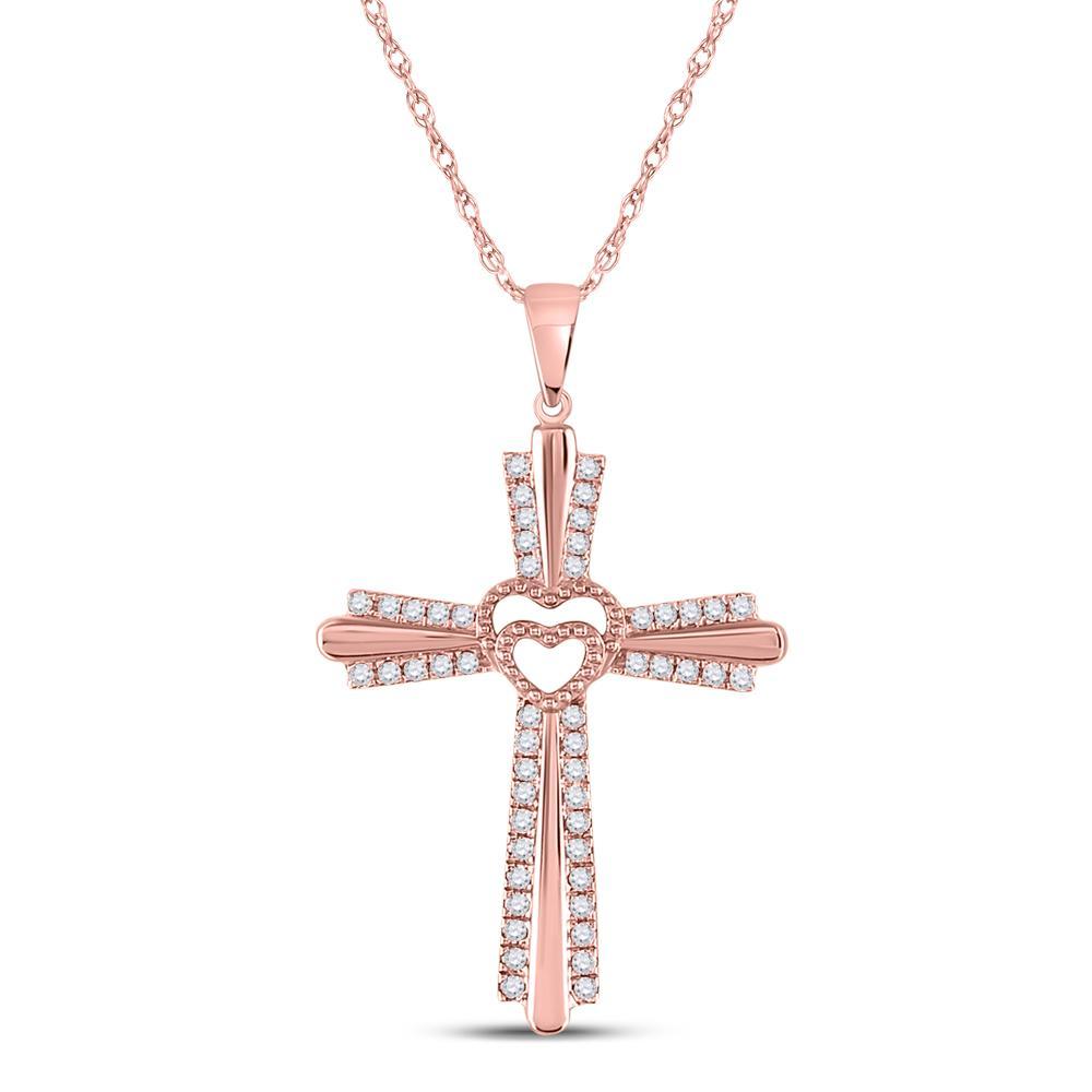 10kt Rose Gold Womens Round Diamond Heart Cross Pendant 1/4 Cttw