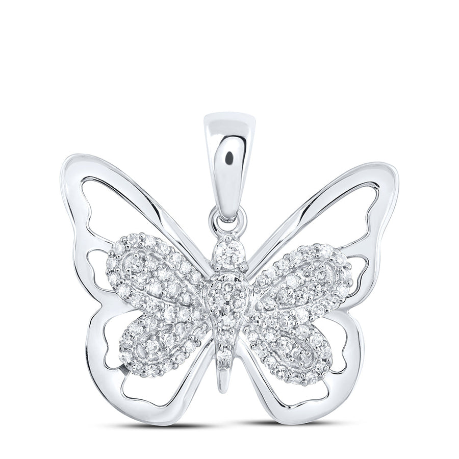 10kt White Gold Womens Round Diamond Butterfly Pendant 1/5 Cttw