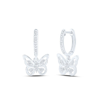 10kt White Gold Womens Round Diamond Butterfly Hoop Dangle Earrings 1/6 Cttw