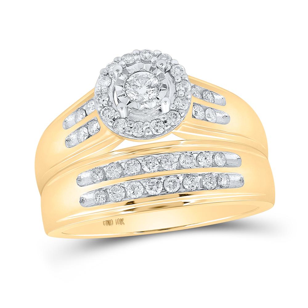 10kt Yellow Gold His Hers Round Diamond Cluster Matching Wedding Set 3/4 Cttw