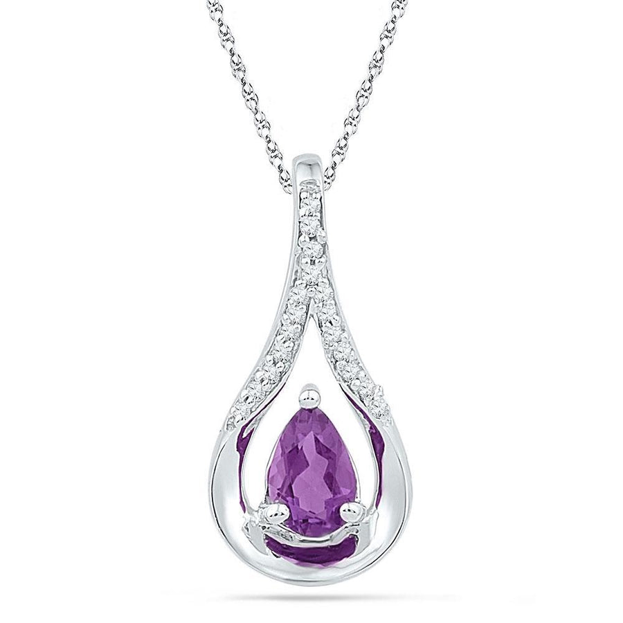 Sterling Silver Womens Pear Synthetic Amethyst Solitaire Diamond Teardrop Pendant 1/2 Cttw