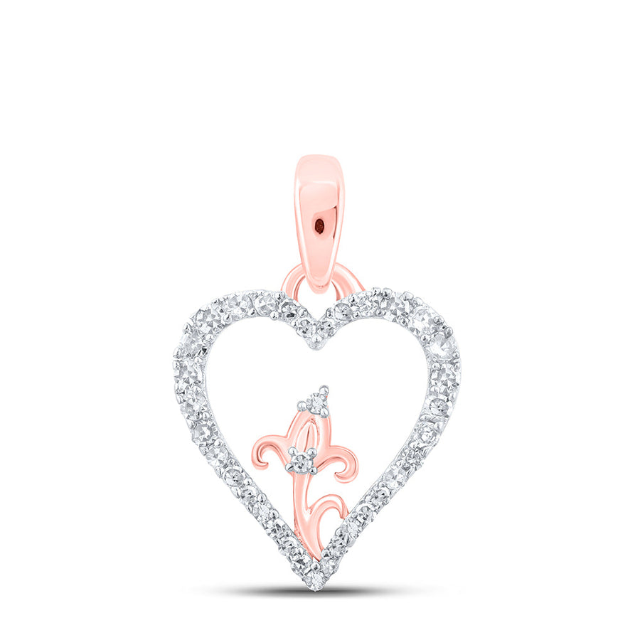 10kt Rose Gold Womens Round Diamond Flower Heart Pendant 1/8 Cttw