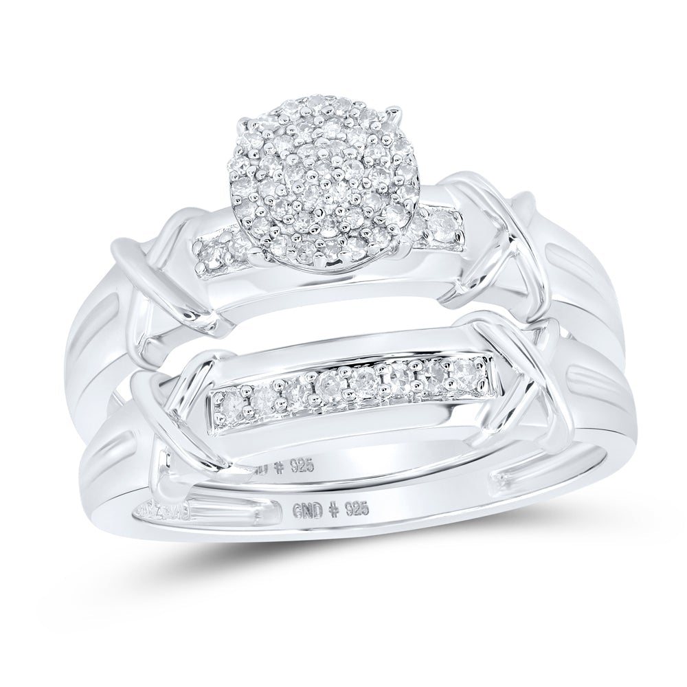 Sterling Silver His Hers Round Diamond Cluster Matching Wedding Set 1/3 Cttw