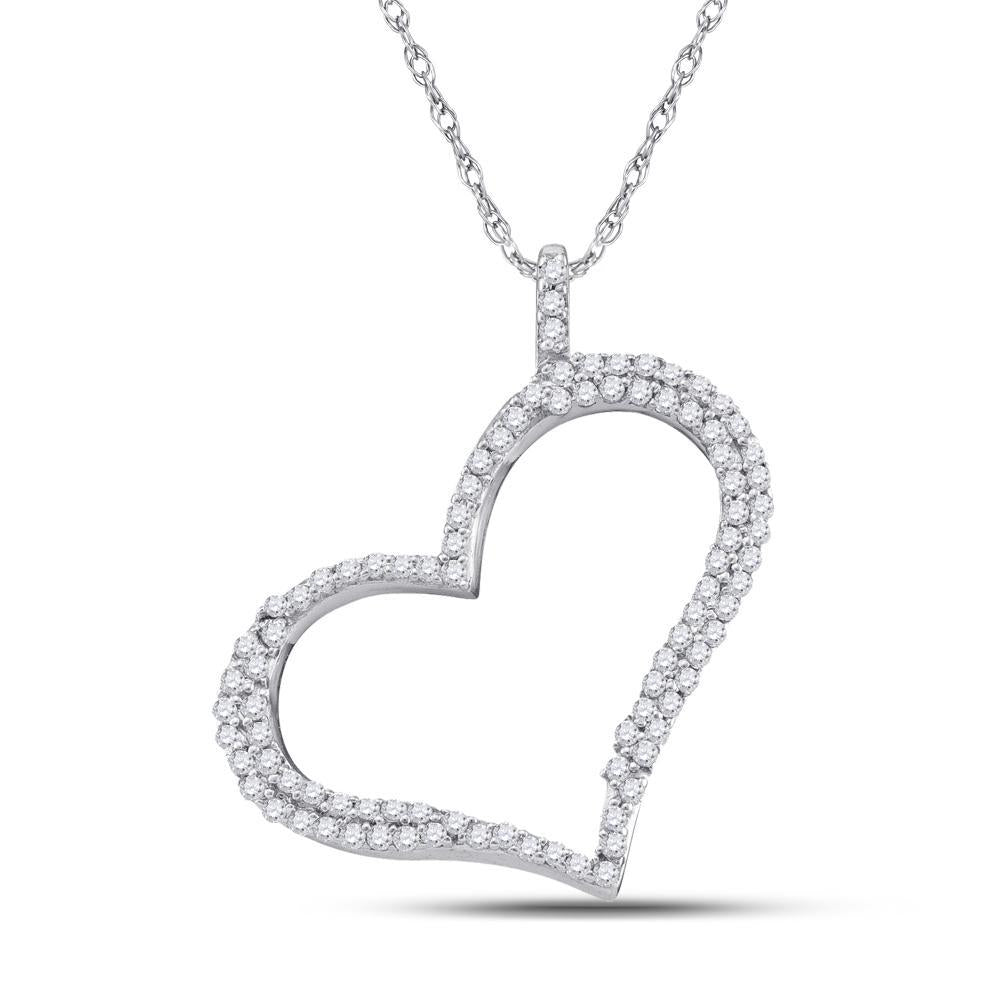 10kt White Gold Womens Round Diamond Outline Heart Pendant 1/3 Cttw