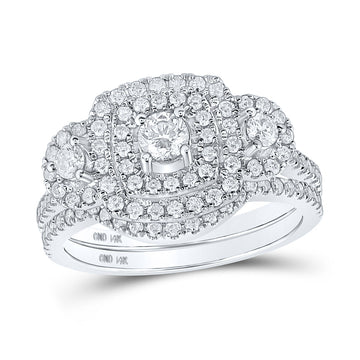 14kt White Gold Round Diamond 3-Stone Halo Bridal Wedding Ring Band Set 1 Cttw