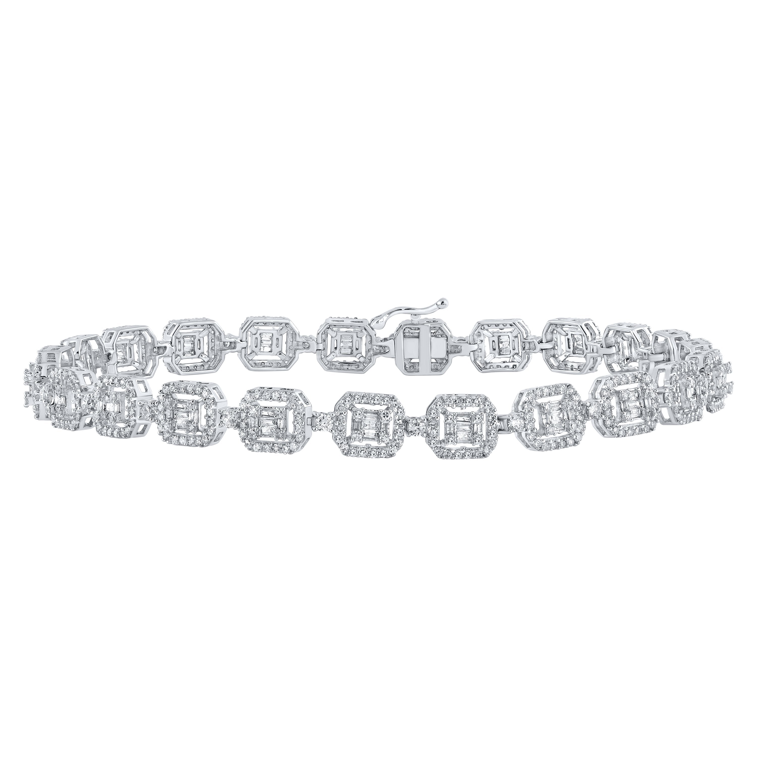 10kt White Gold Mens Baguette Diamond Square Link Bracelet 4 Cttw