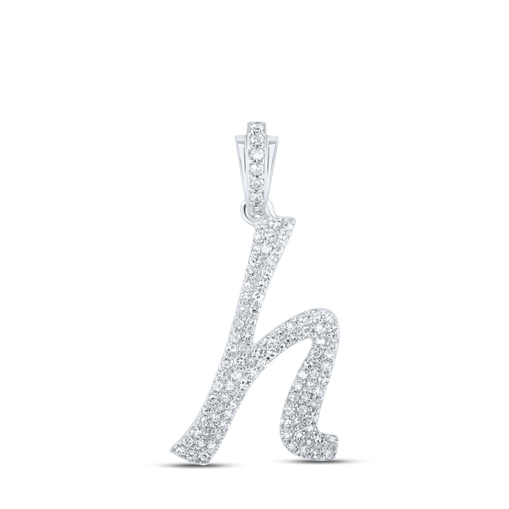 10kt White Gold Womens Round Diamond H Cursive Initial Letter Pendant 3/8 Cttw
