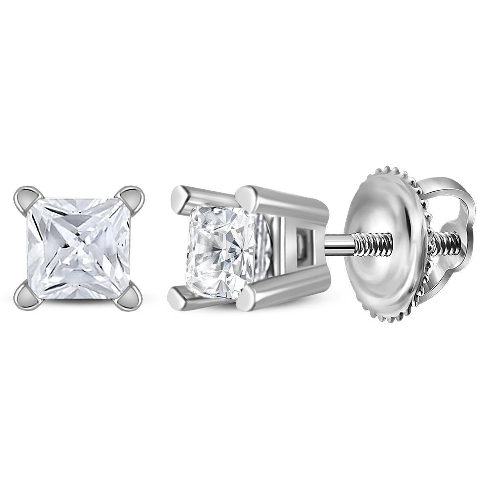 14kt White Gold Unisex Princess Diamond Solitaire Studs Earrings 1/5 Cttw