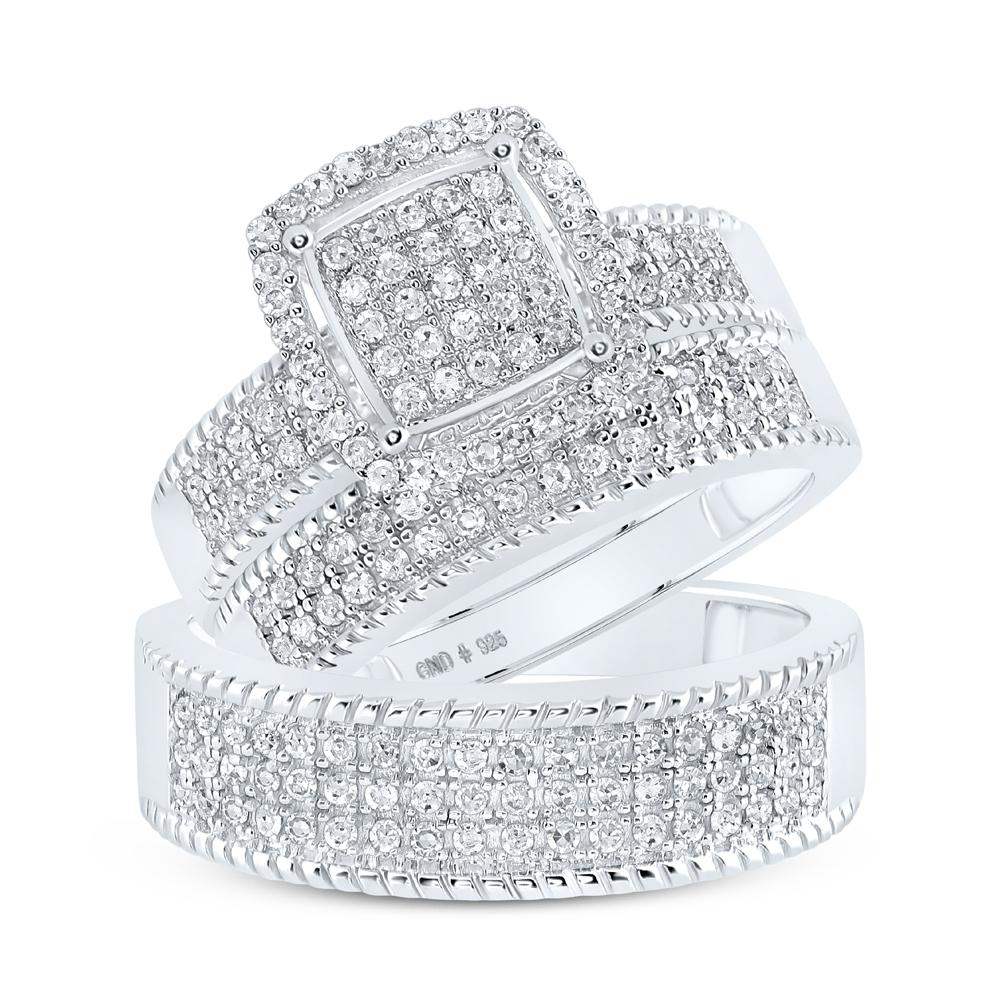 Sterling Silver His Hers Round Diamond Square Matching Wedding Set 7/8 Cttw