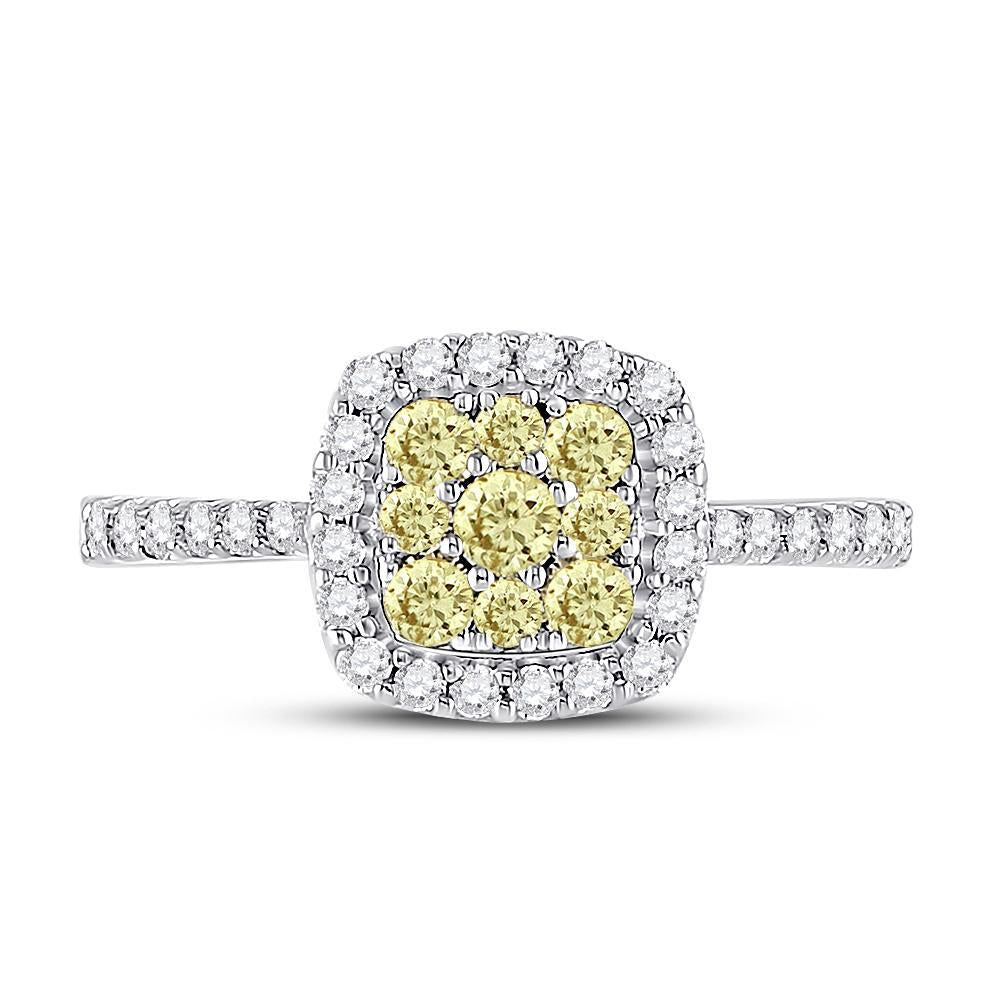 14kt White Gold Womens Round Yellow Diamond Square Cluster Ring 3/4 Cttw