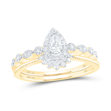10kt Yellow Gold Pear Diamond Halo Bridal Wedding Ring Band Set 3/8 Cttw
