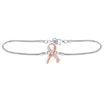 Sterling Silver Womens Round Diamond Pink Awareness Ribbon Fashion Bracelet 1/20 Cttw