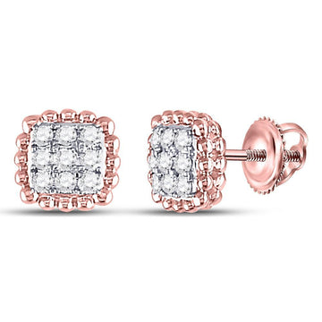 10kt Rose Gold Womens Round Diamond Beaded Square Frame Cluster Earrings 1/4 Cttw