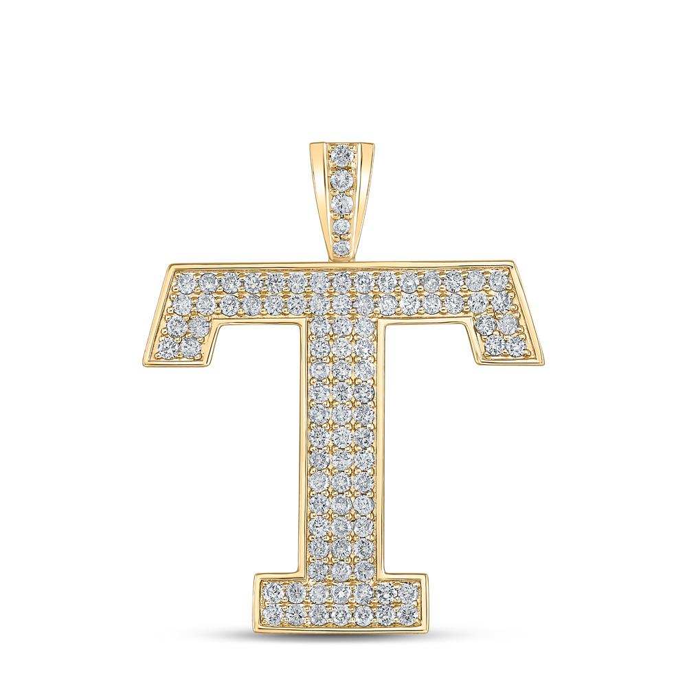 10kt Yellow Gold Mens Round Diamond T Initial Letter Charm Pendant 1-1/2 Cttw