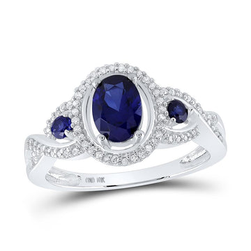 10kt White Gold Womens Oval Synthetic Blue Sapphire 3-stone Ring 1-1/2 Cttw