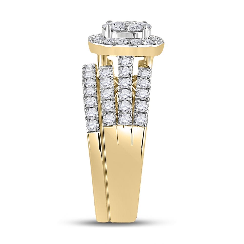 14kt Yellow Gold His Hers Round Diamond Cluster Matching Wedding Set 1-3/4 Cttw