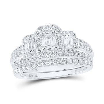 14kt White Gold Emerald Diamond 3-Stone Halo Bridal Wedding Ring Band Set 1-1/2 Cttw