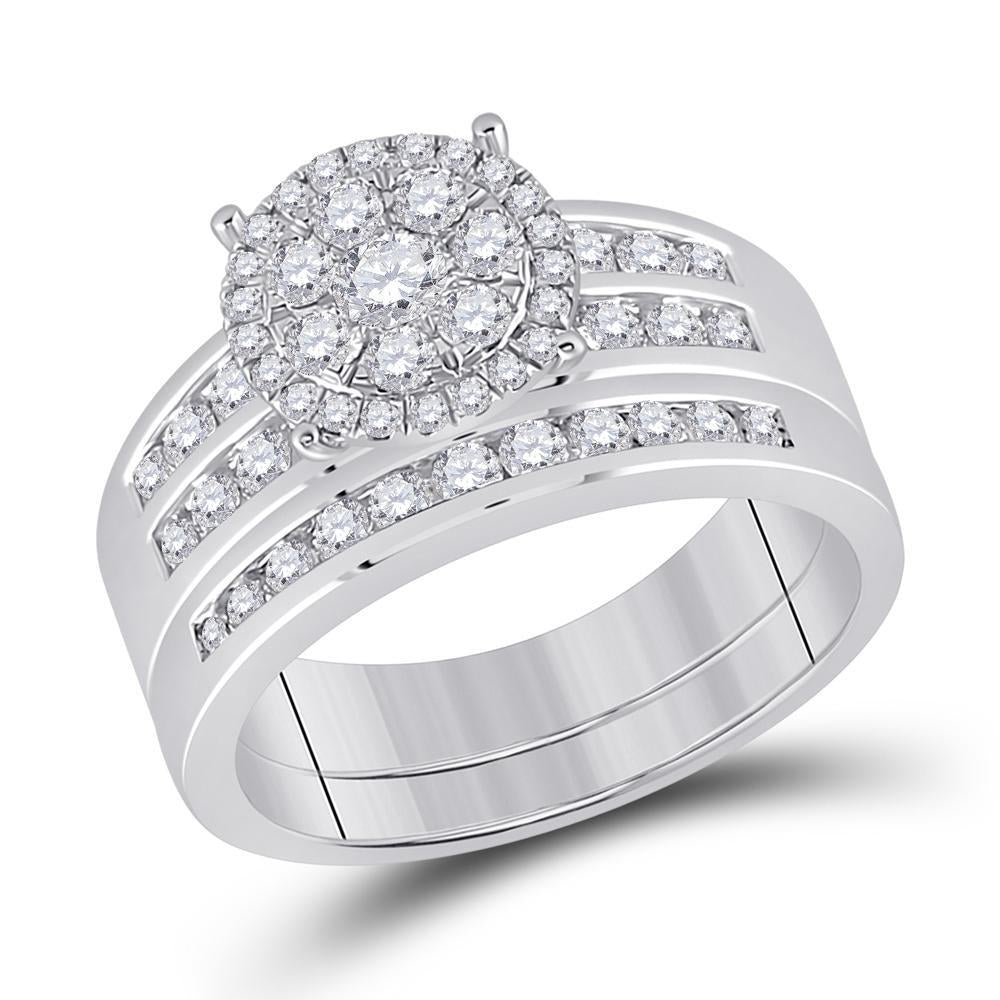 14kt White Gold His Hers Round Diamond Cluster Matching Wedding Set 1-7/8 Cttw