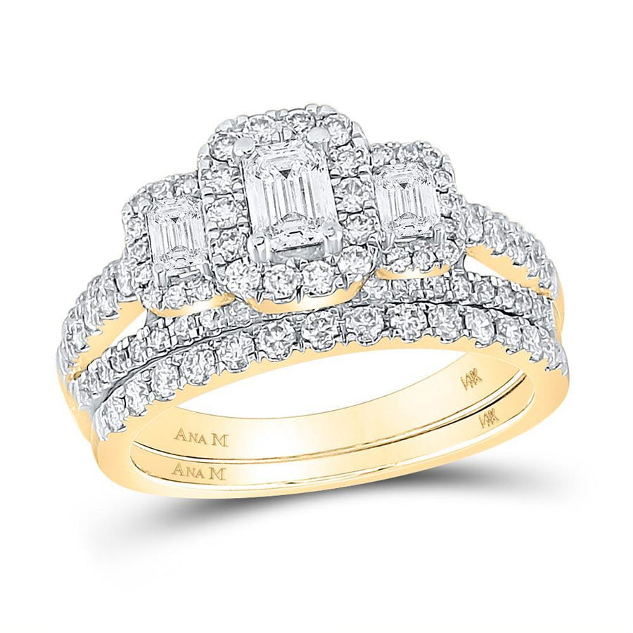 14kt Yellow Gold Emerald Diamond 3-Stone Bridal Wedding Ring Band Set 1-1/2 Cttw