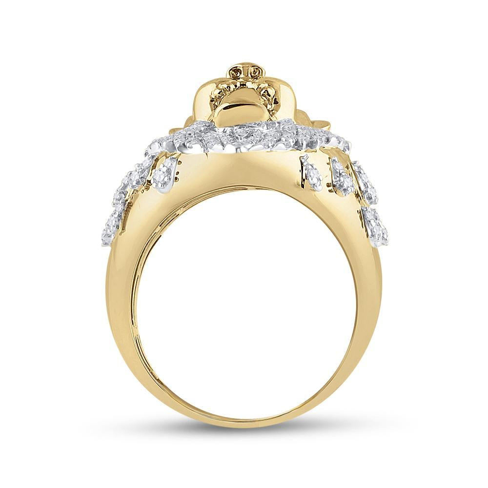 10kt Yellow Gold Mens Round Diamond Lion Head Crown Animal Ring 7/8 Cttw