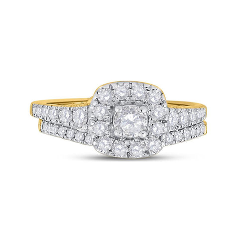 14kt Yellow Gold Round Diamond Halo Bridal Wedding Ring Band Set 1 Cttw