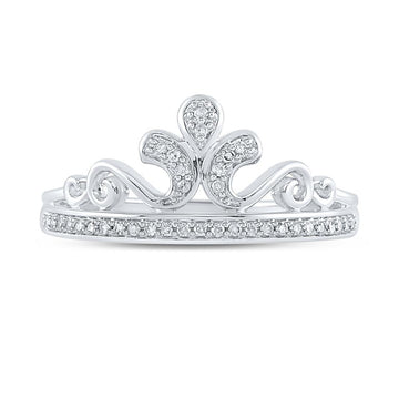 10kt White Gold Womens Round Diamond Crown Tiara Fashion Ring 1/10 Cttw