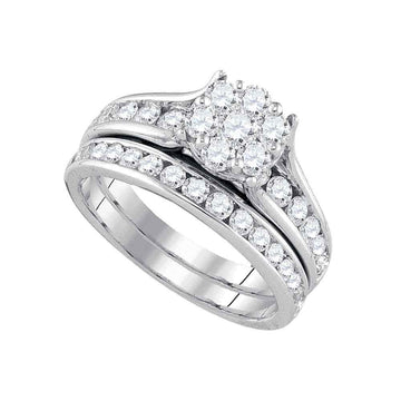 14kt White Gold Round Diamond Cluster Bridal Wedding Ring Band Set 1-1/2 Cttw