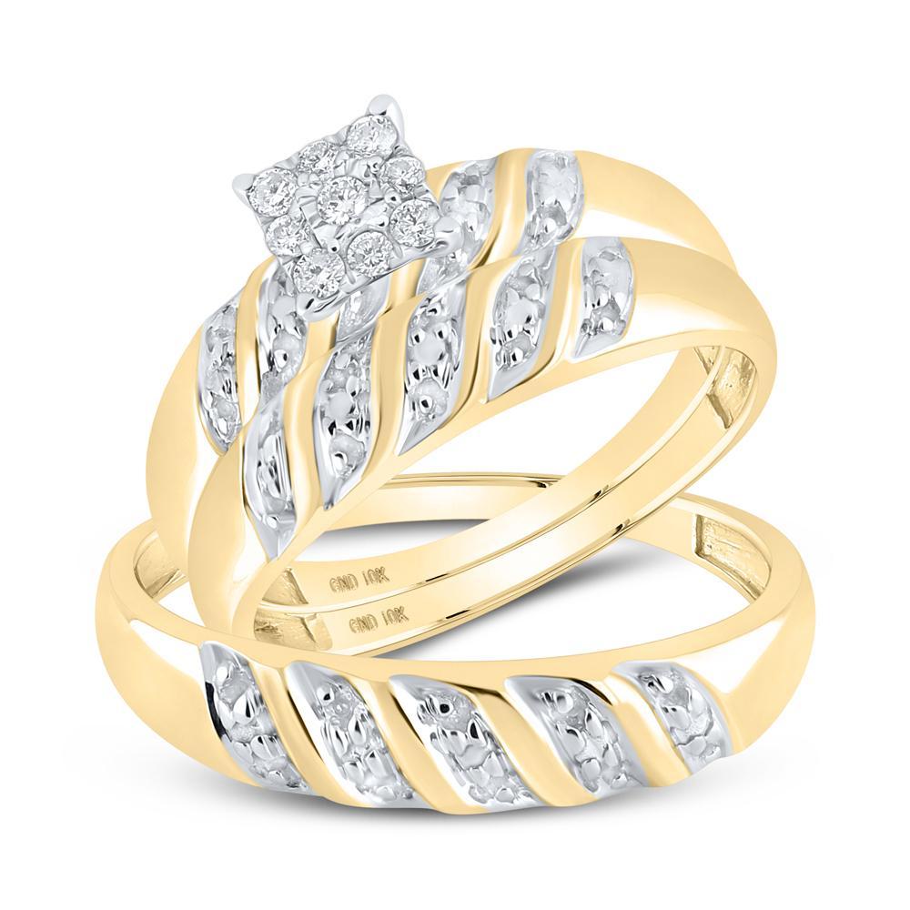 10kt Yellow Gold His Hers Round Diamond Cluster Matching Wedding Set 1/8 Cttw