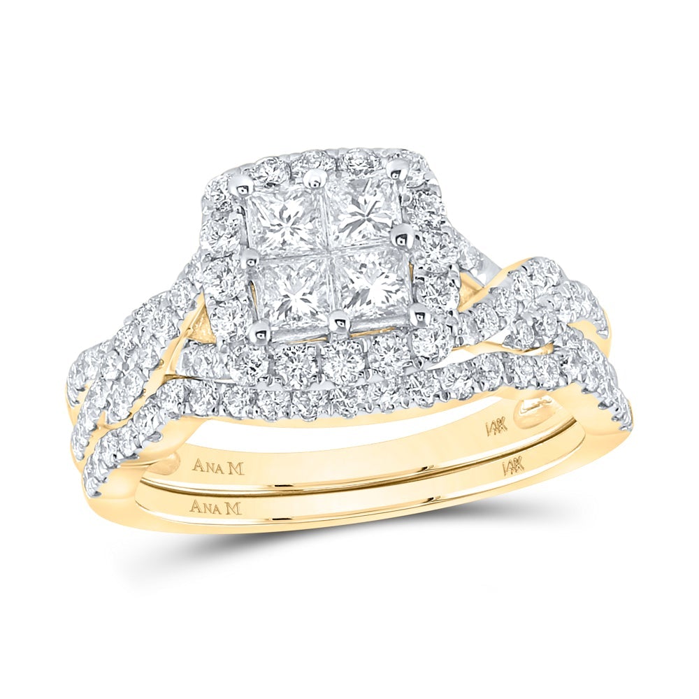 14kt Yellow Gold Princess Diamond Square Bridal Wedding Ring Band Set 1-1/2 Cttw