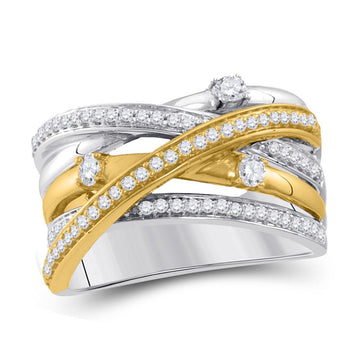14kt Two-tone White Yellow Gold Womens Round Diamond Crossover Band Ring 1/2 Cttw
