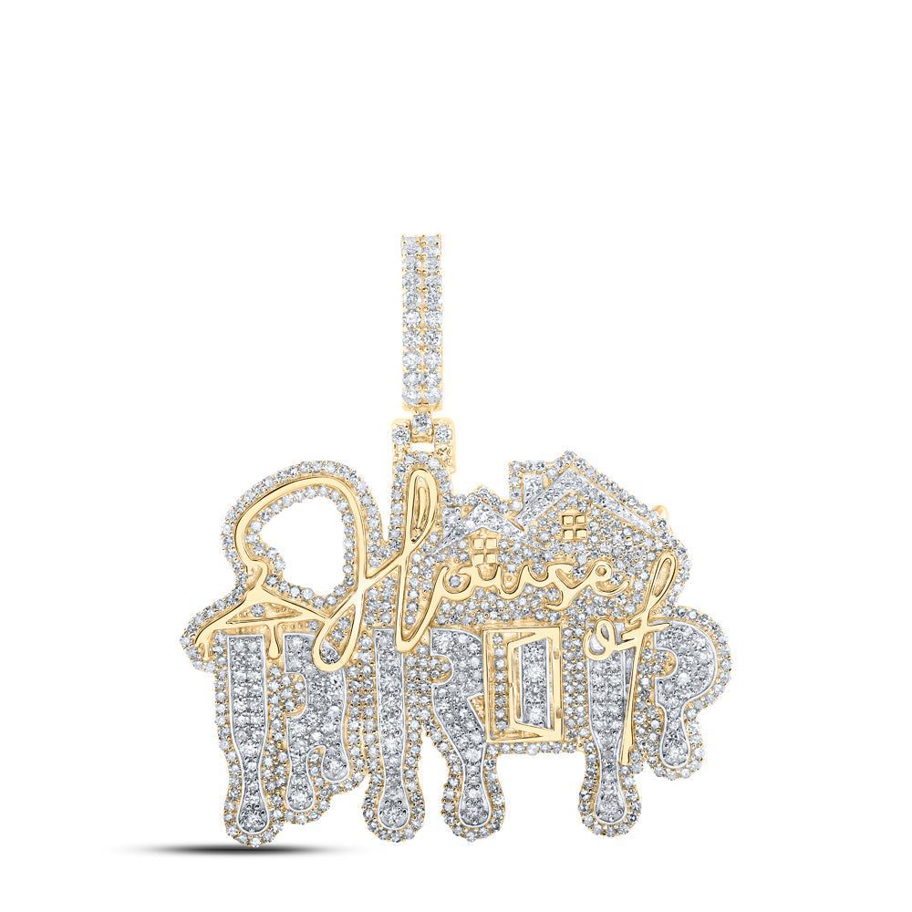 10kt Yellow Gold Mens Round Diamond HOUSE OF DRIP Phrase Charm Pendant 2-7/8 Cttw