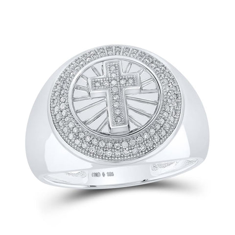Sterling Silver Mens Round Diamond Circle Cross Ring 1/3 Cttw
