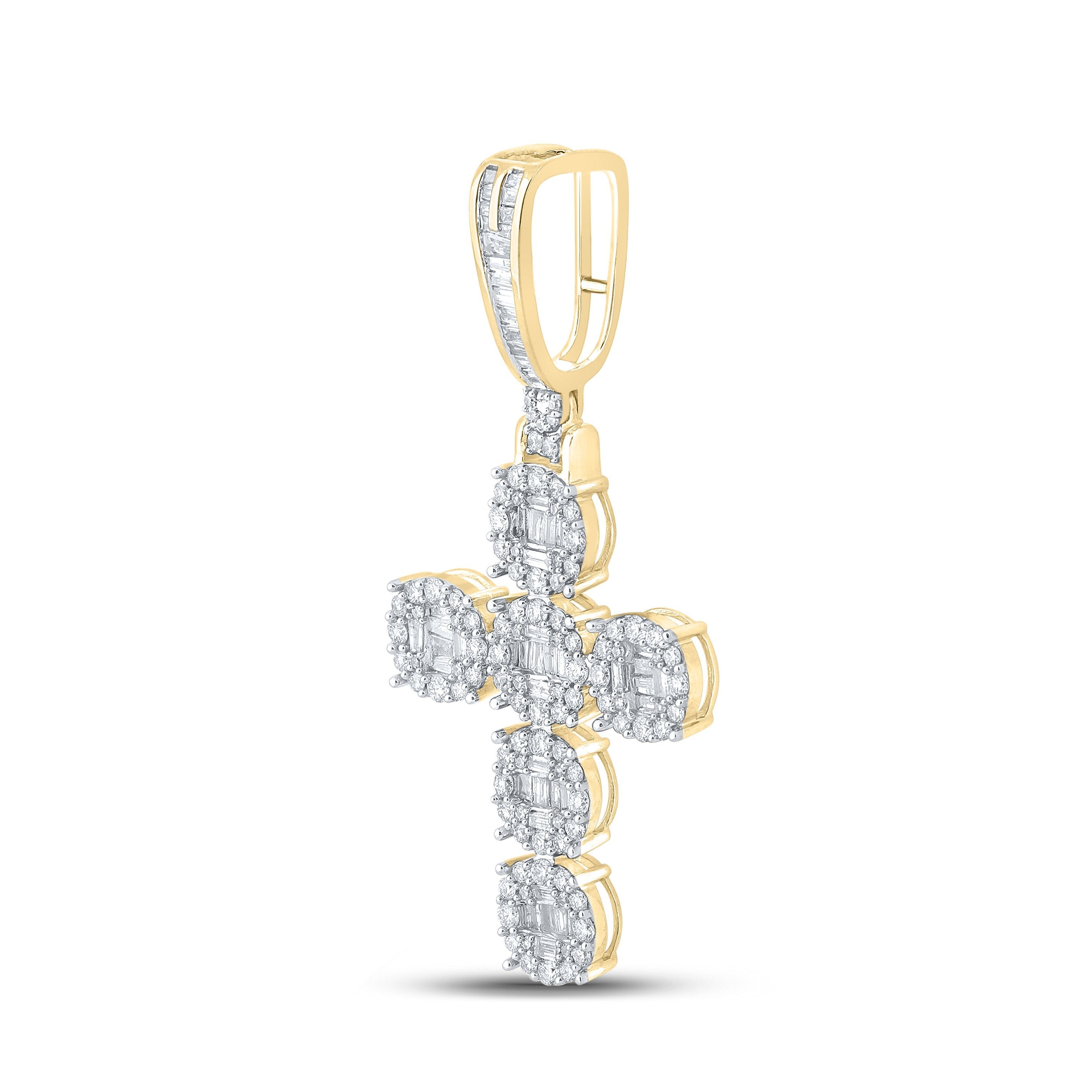 10kt Yellow Gold Mens Baguette Diamond Cross Charm Pendant 1-3/4 Cttw