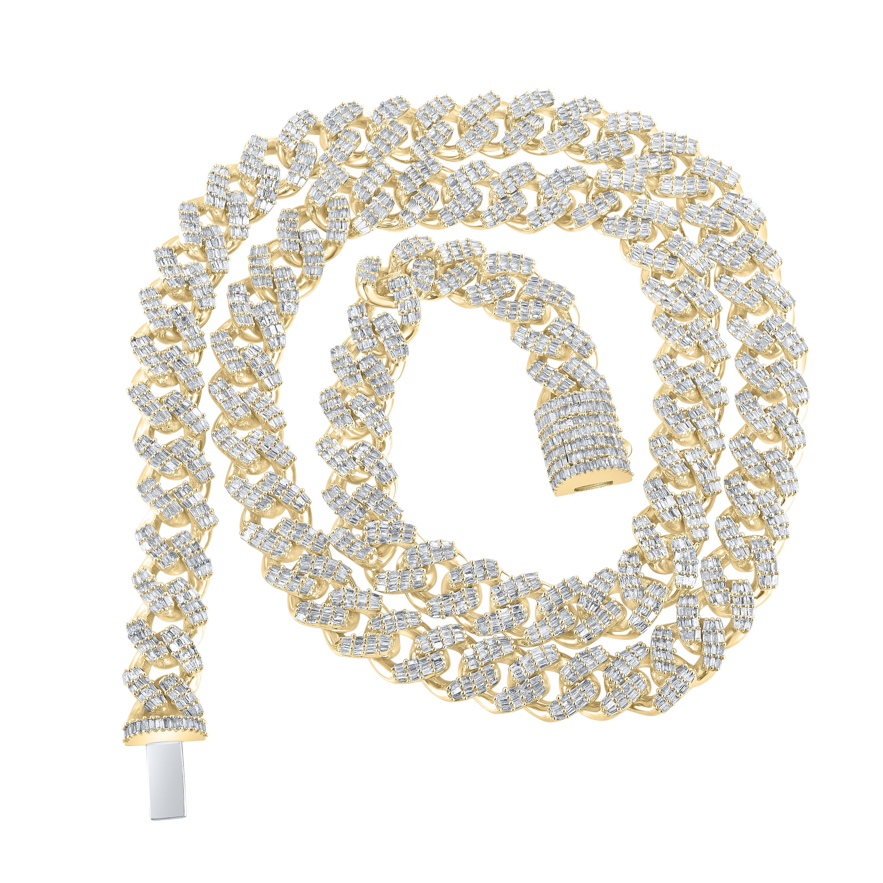 10kt Yellow Gold Mens Baguette Diamond 22-inch Cuban Link Chain Necklace 11-5/8 Cttw