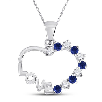 10kt White Gold Womens Round Blue Sapphire Love Heart Pendant 1/4 Cttw