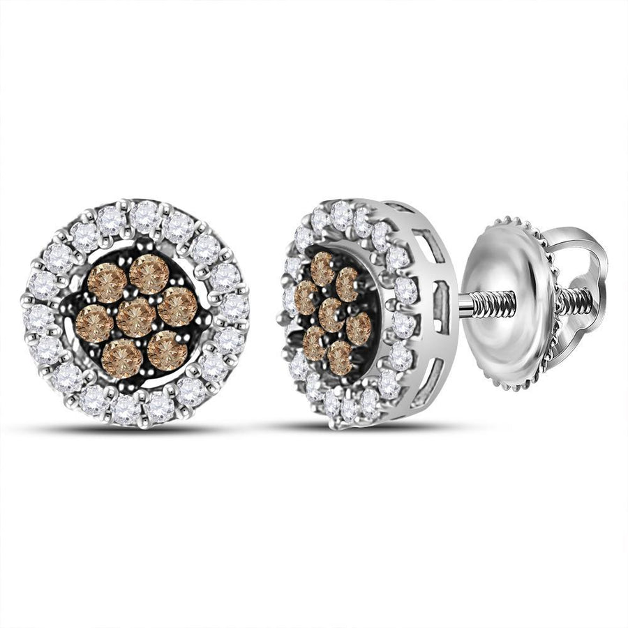 10k White Gold Womens Brown Diamond Flower Cluster Stud Earrings 1/4 Cttw