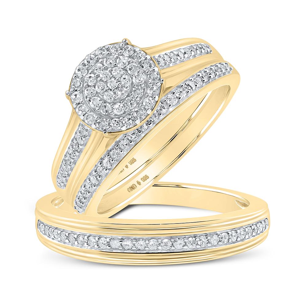 Yellow-tone Sterling Silver His Hers Round Diamond Cluster Matching Wedding Set 5/8 Cttw