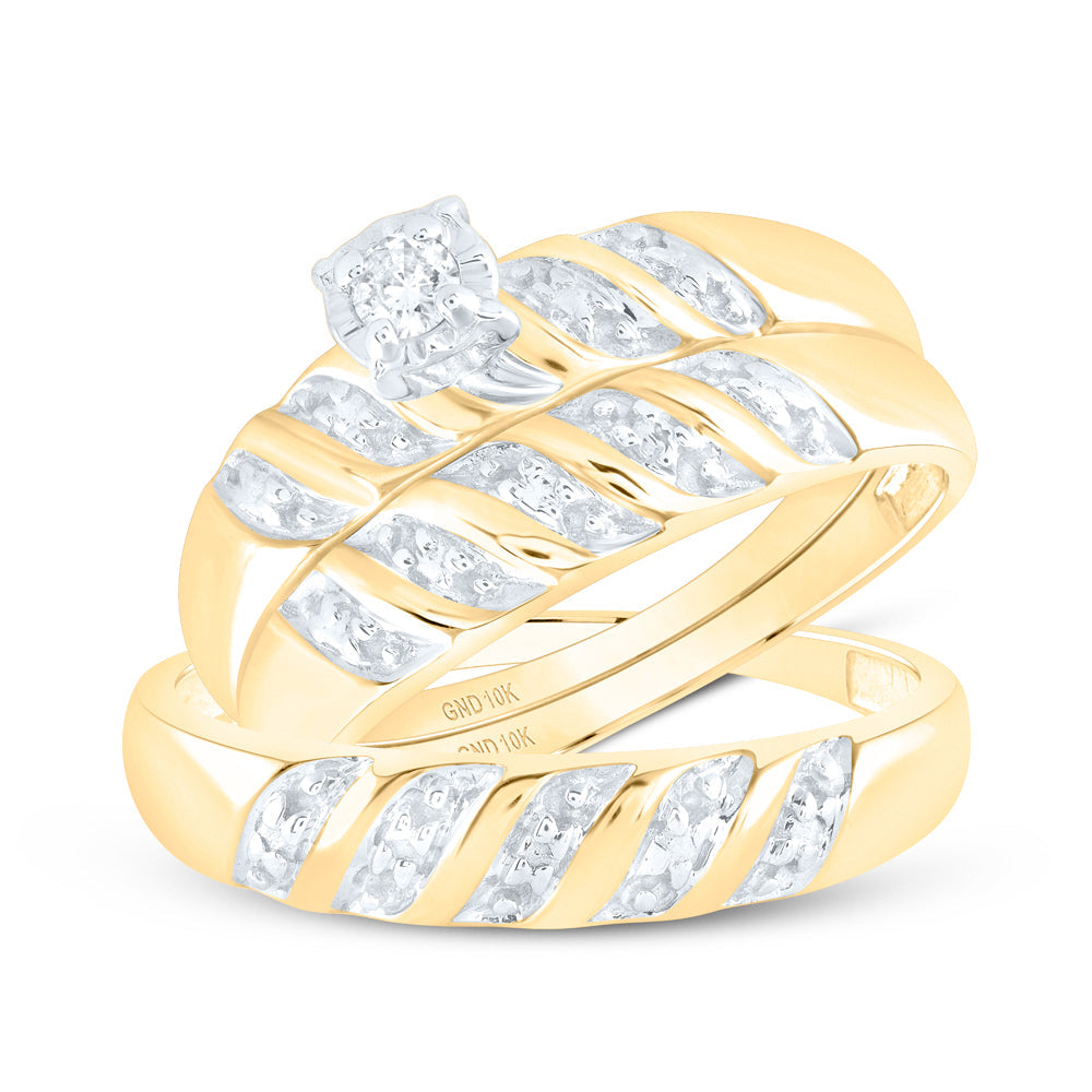 10kt Yellow Gold His Hers Round Diamond Solitaire Matching Wedding Set 1/20 Cttw
