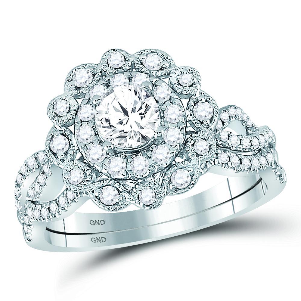 14kt White Gold Round Diamond Halo Bridal Wedding Ring Band Set 1 Cttw